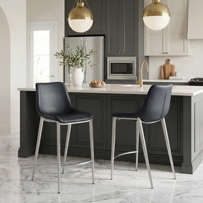 Set of Two 26" Black And Silver Faux Leather And Steel Low Back Counter Height Bar Chairs HomeRoots