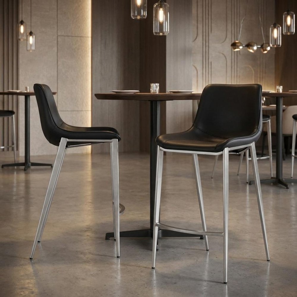 Set of Two 26" Black And Silver Faux Leather And Steel Low Back Counter Height Bar Chairs HomeRoots