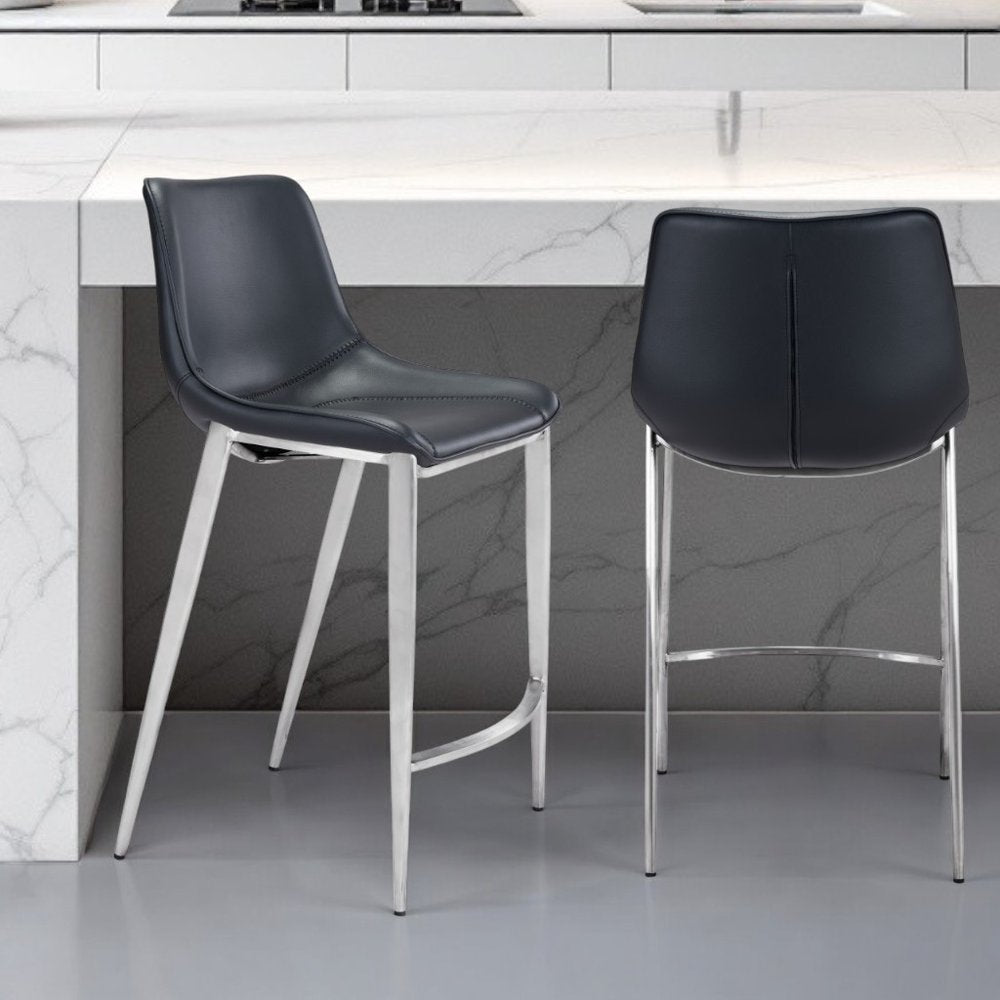 Set of Two 26" Black And Silver Steel Low Back Counter Height Bar Chairs HomeRoots