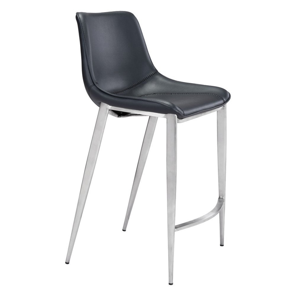 Set of Two 26" Black And Silver Faux Leather And Steel Low Back Counter Height Bar Chairs HomeRoots
