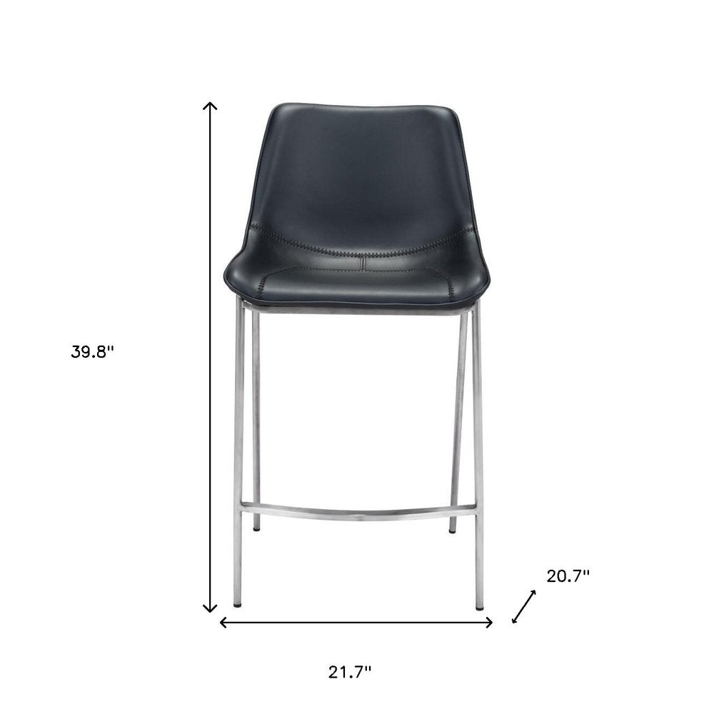 Set of Two 26" Black And Silver Faux Leather And Steel Low Back Counter Height Bar Chairs HomeRoots