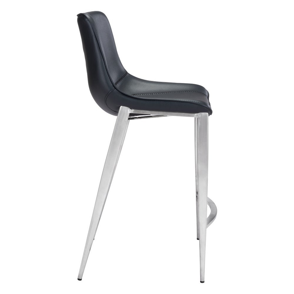Set of Two 26" Black And Silver Faux Leather And Steel Low Back Counter Height Bar Chairs HomeRoots
