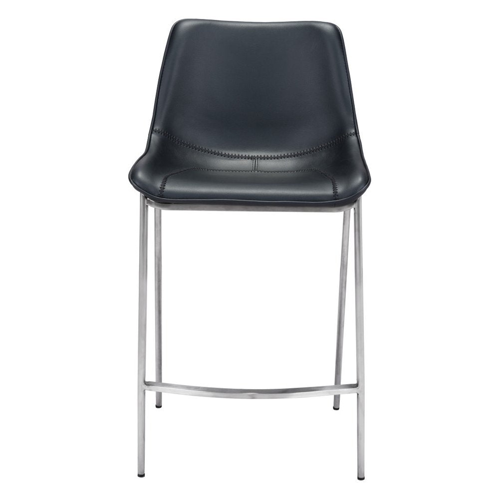 Set of Two 26" Black And Silver Faux Leather And Steel Low Back Counter Height Bar Chairs HomeRoots