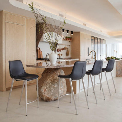 Set of Two 26" Black And Silver Faux Leather And Steel Low Back Counter Height Bar Chairs HomeRoots