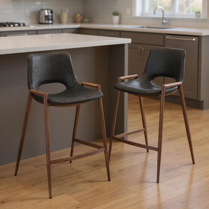 Set of Two 26" Black And Brown Faux Leather And Steel Low Back Counter Height Bar Chairs HomeRoots