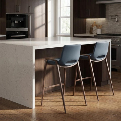 Set of Two 26" Gray And Brown Faux Leather And Steel Low Back Counter Height Bar Chairs HomeRoots