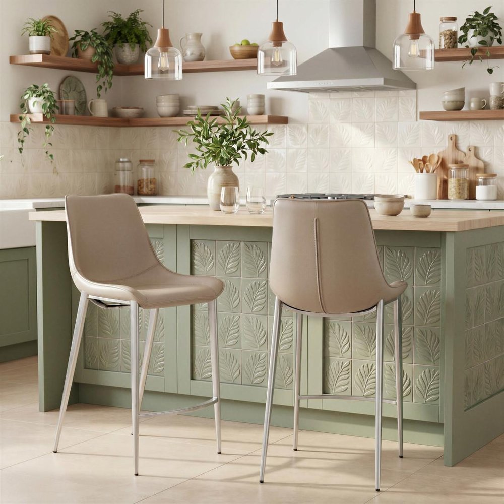 Set of Two 26" Gray And Silver Faux Leather And Steel Low Back Counter Height Bar Chairs HomeRoots