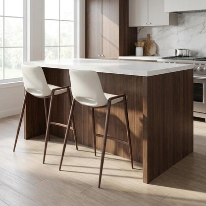 Set of Two 26" White And Brown Faux Leather And Steel Low Back Counter Height Bar Chairs HomeRoots