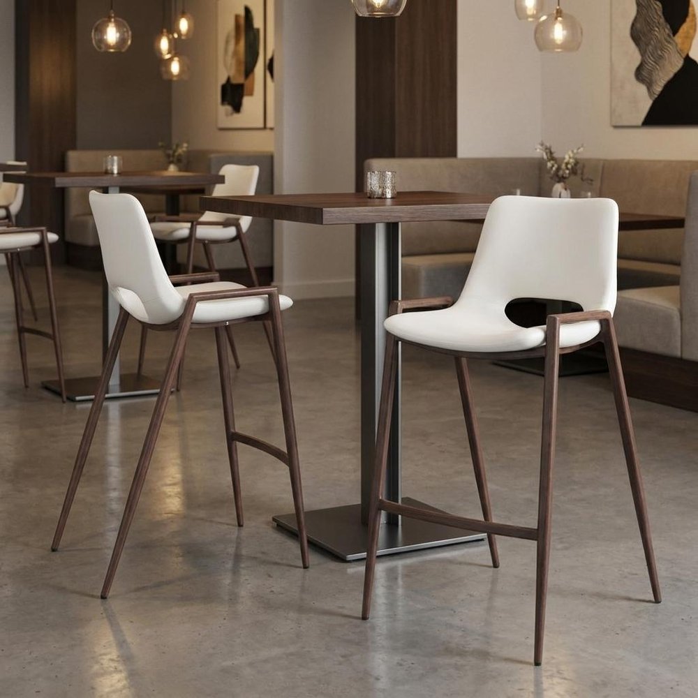 Set of Two 26" White And Brown Faux Leather And Steel Low Back Counter Height Bar Chairs HomeRoots