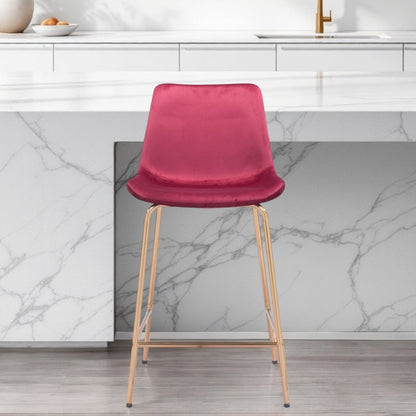 26" Red And Copper Velvet And Steel Low Back Counter Height Bar Chair