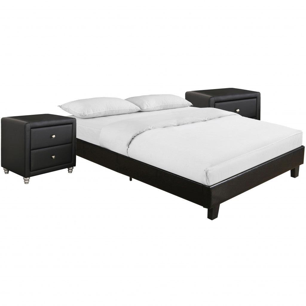 Black Platform Queen Bed with Two Nightstands - FurniFindUSA