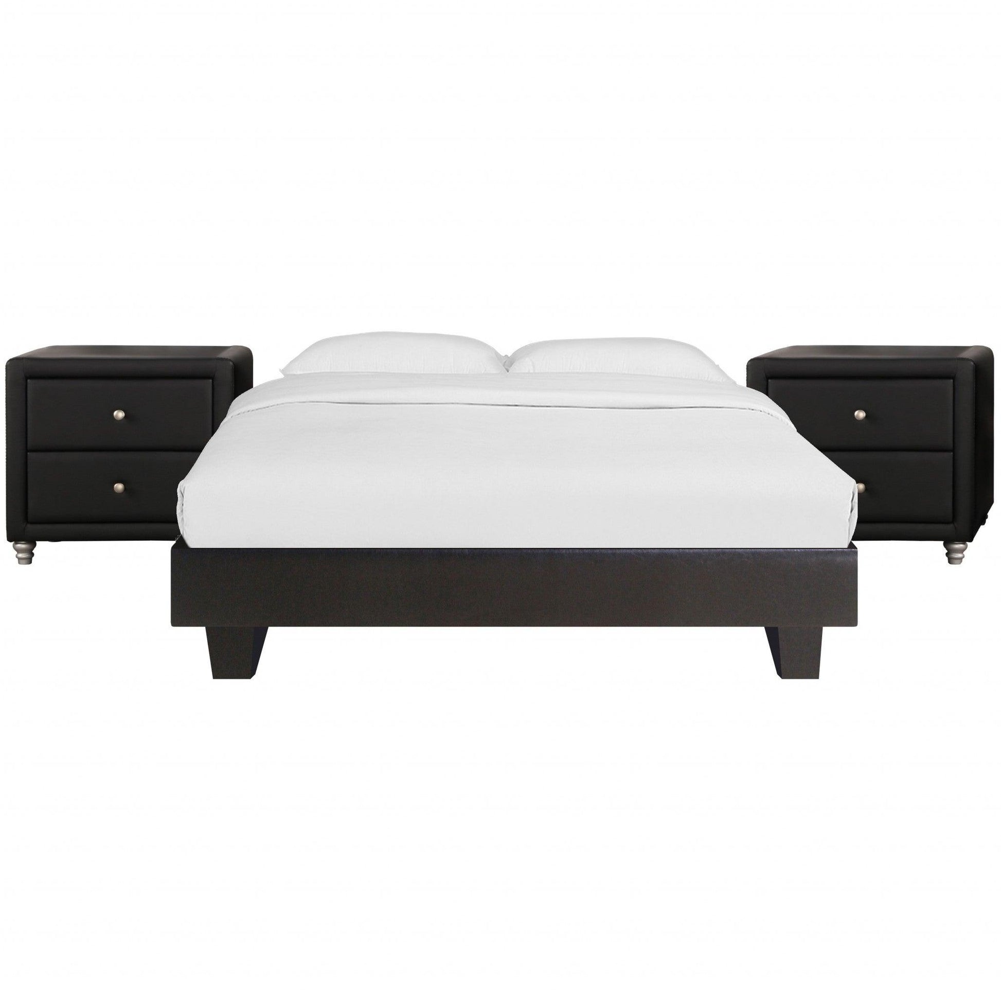 Black Platform Queen Bed with Two Nightstands - FurniFindUSA