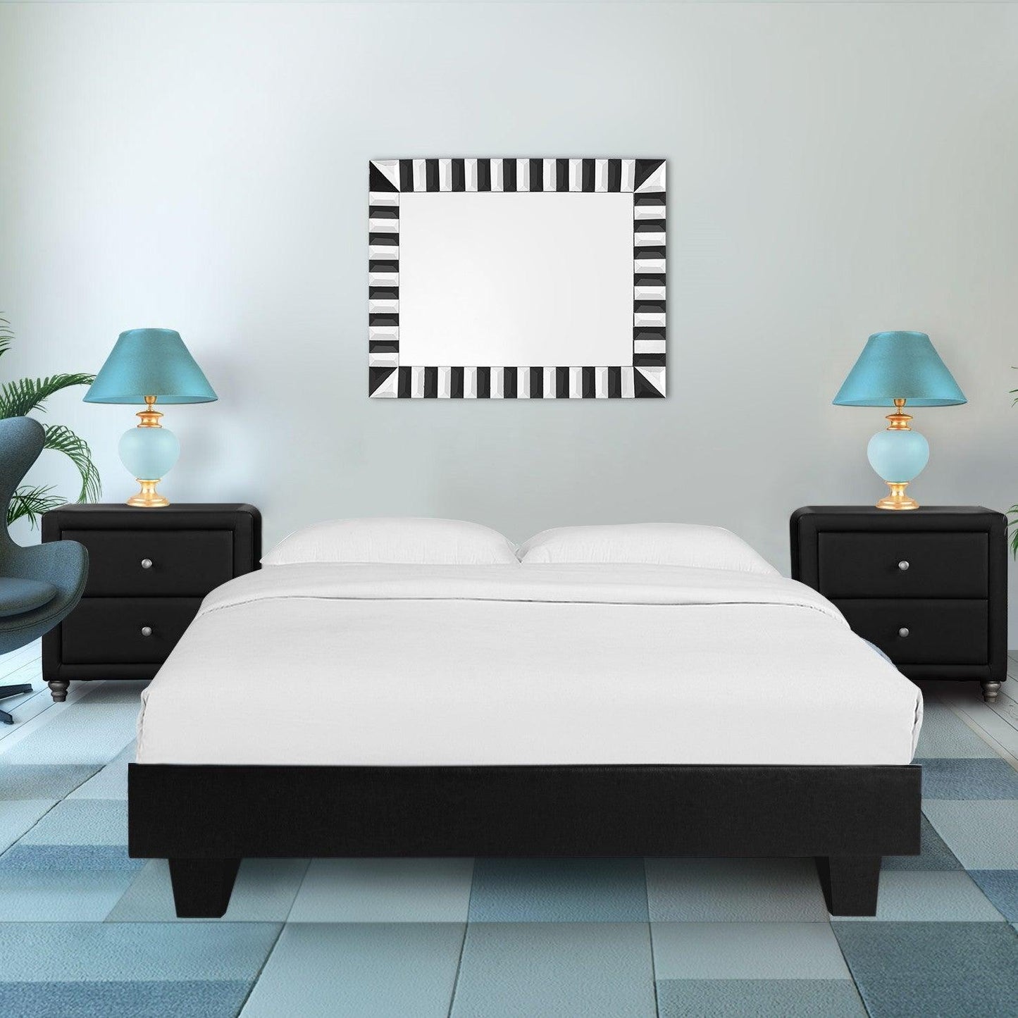 Black Platform Queen Bed with Two Nightstands - FurniFindUSA