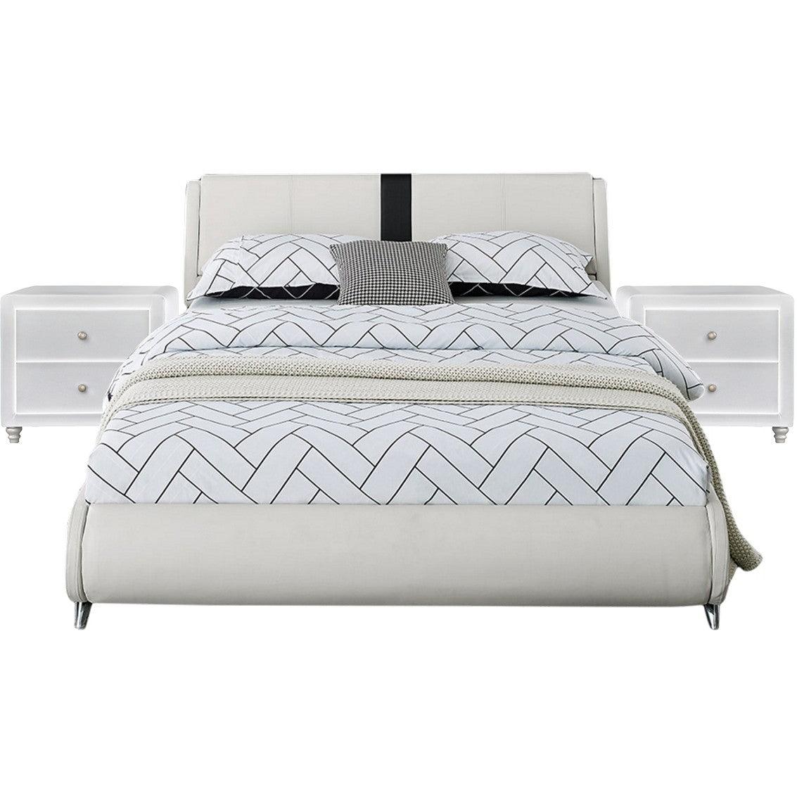 White Platform Queen Bed with Two Nightstands - FurniFindUSA