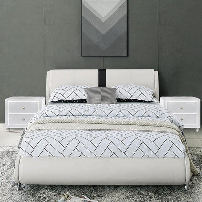 White Platform Queen Bed with Two Nightstands - FurniFindUSA