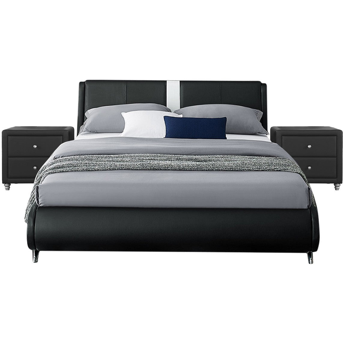 Black Platform Queen Bed with Two Nightstands