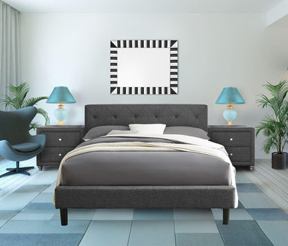 Grey Queen Platform Bed with Two Nightstands - FurniFindUSA