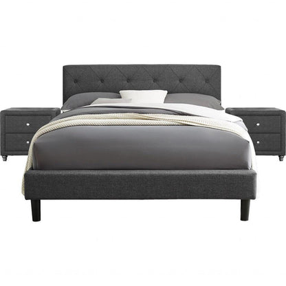 Grey Queen Platform Bed with Two Nightstands - FurniFindUSA