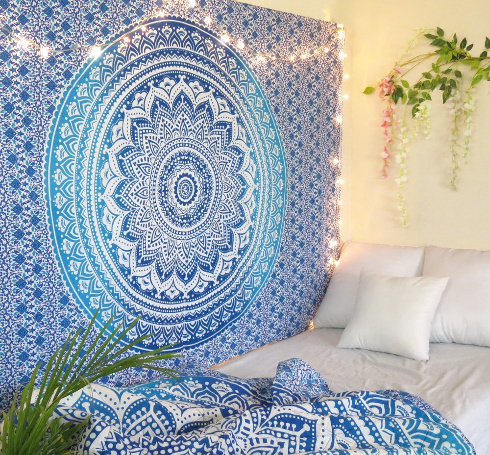 80" X 56" Blue And White Mandala Cotton Hanging Tapestry — view 4