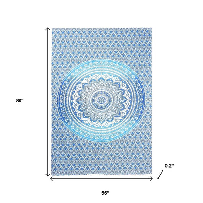 80" X 56" Blue And White Mandala Cotton Hanging Tapestry