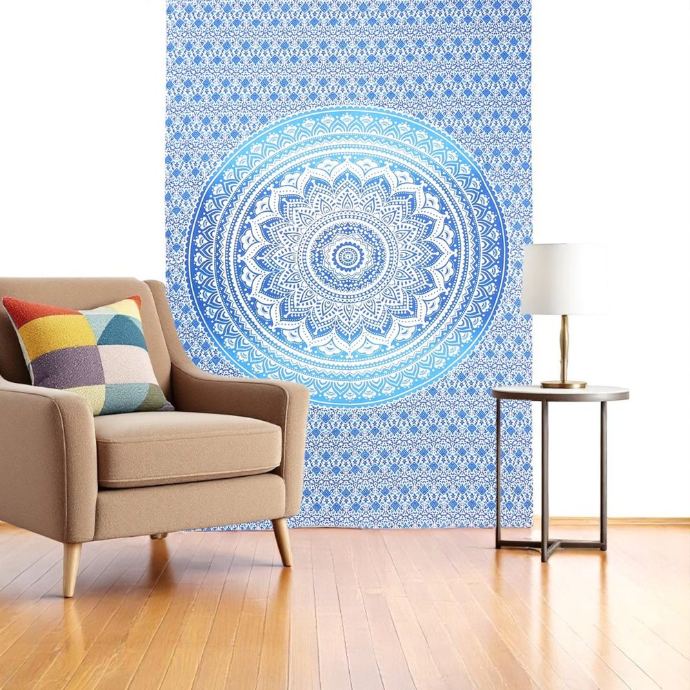 80" X 56" Blue And White Mandala Cotton Hanging Tapestry — view 1