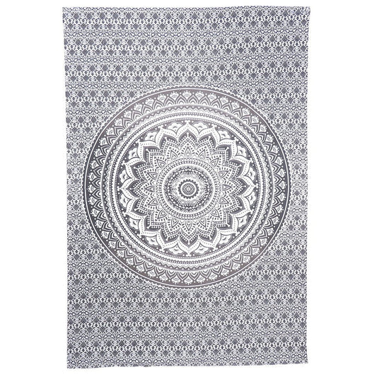 80" X 56" Gray And White Mandala Cotton Hanging Tapestry