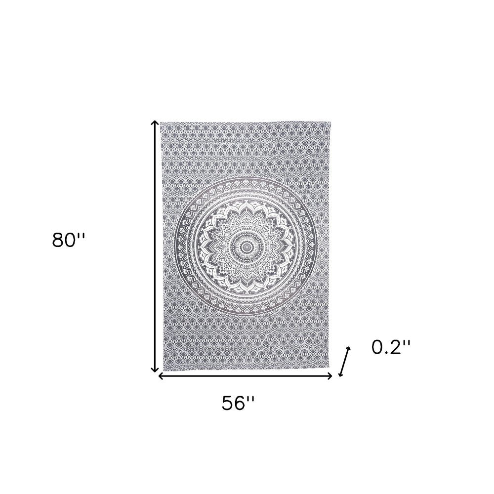 80" X 56" Gray And White Mandala Cotton Hanging Tapestry — view 3