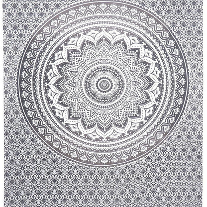 80" X 56" Gray And White Mandala Cotton Hanging Tapestry