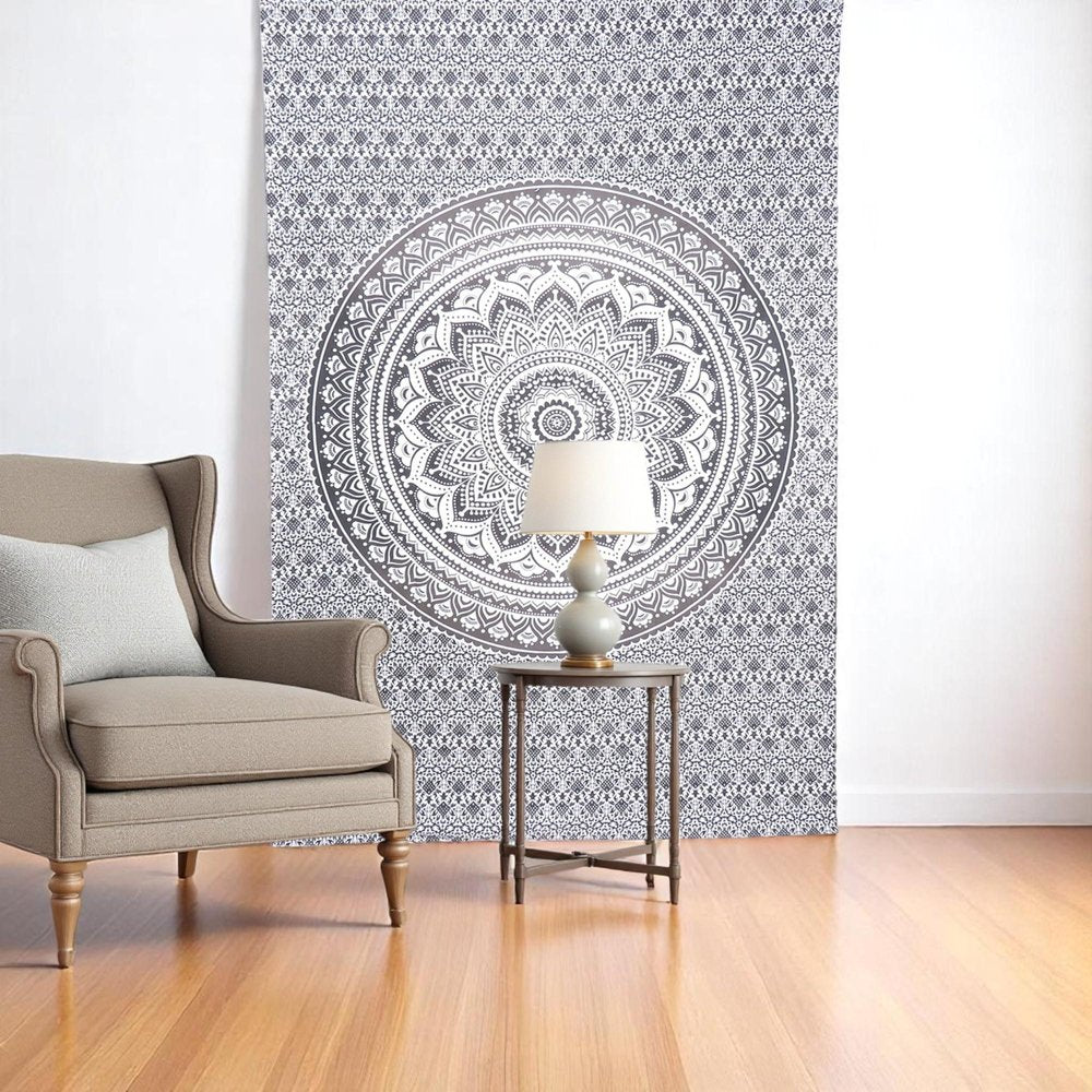 80" X 56" Gray And White Mandala Cotton Hanging Tapestry — view 4