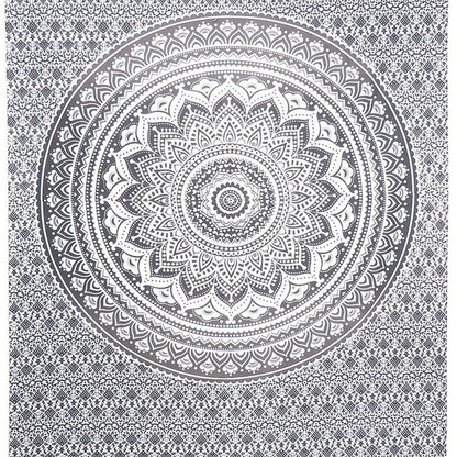 80" X 56" Gray And White Mandala Cotton Hanging Tapestry