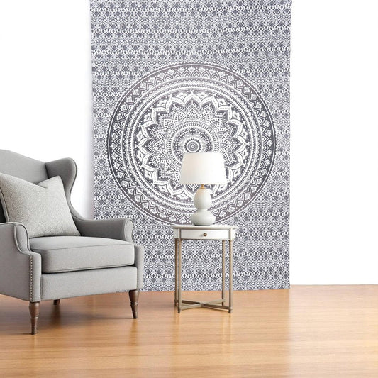 80" X 56" Black And White Mandala Cotton Hanging Tapestry