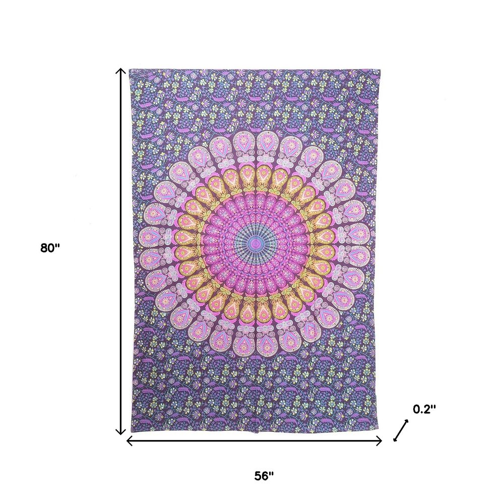 80" X 56" Purple Pink And Yellow Mandala Cotton Hanging Tapestry