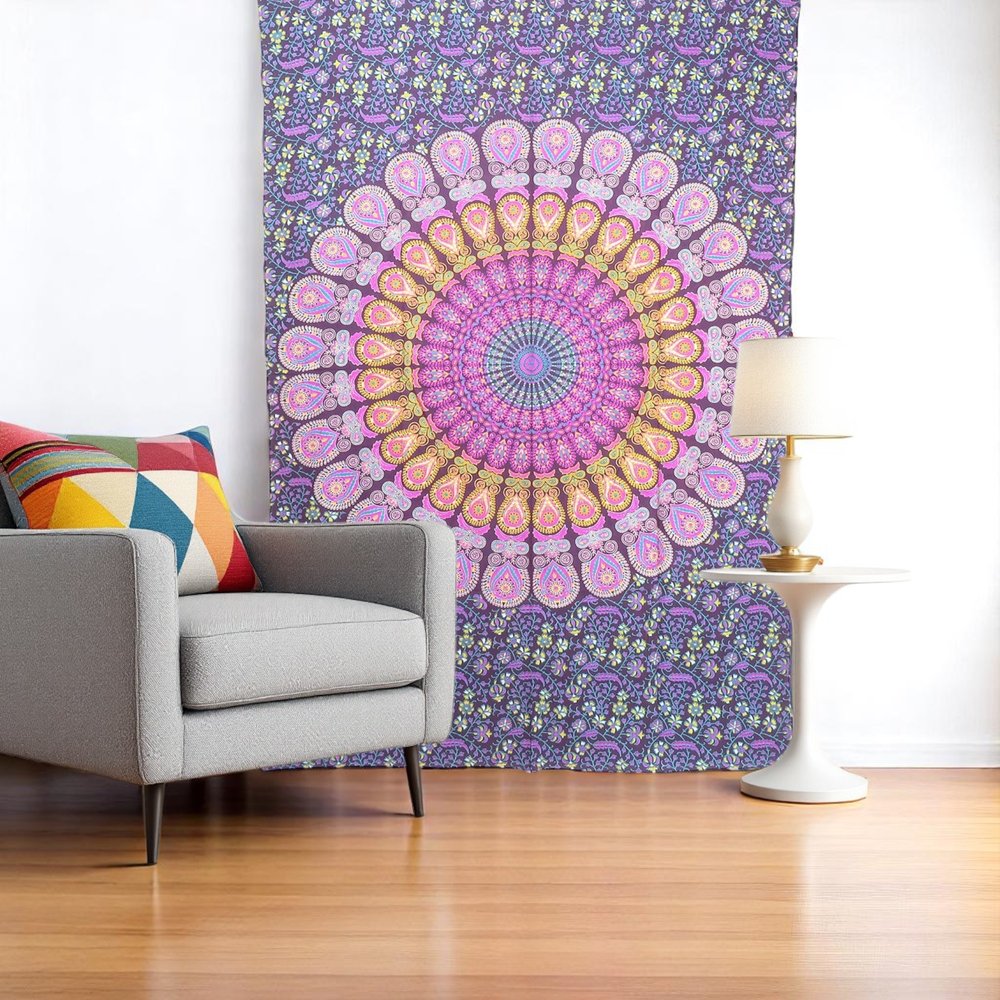 80" X 56" Purple Pink And Yellow Mandala Cotton Hanging Tapestry — view 1