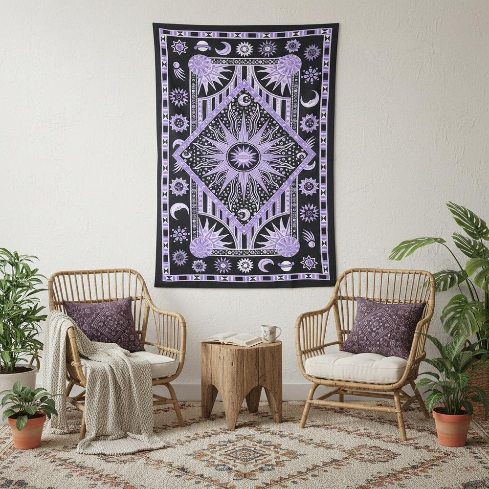 80" X 56" Purple Black And White Mandala Cotton Hanging Tapestry — view 5