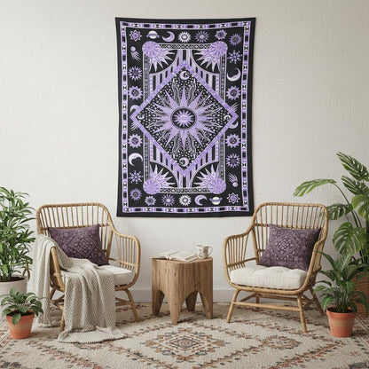 80" X 56" Purple Black And White Mandala Cotton Hanging Tapestry