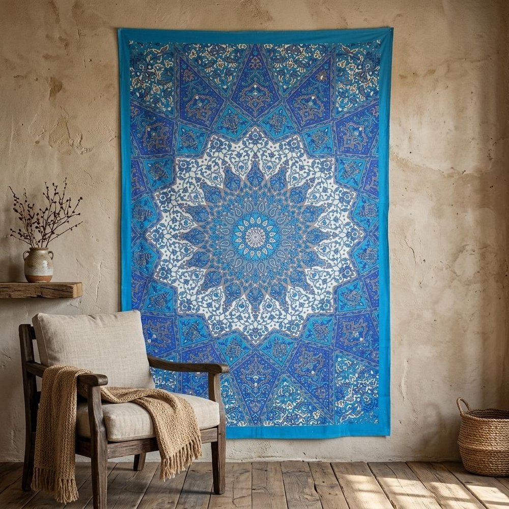 80" X 56" Royal Blue Mandala Cotton Hanging Tapestry — view 6