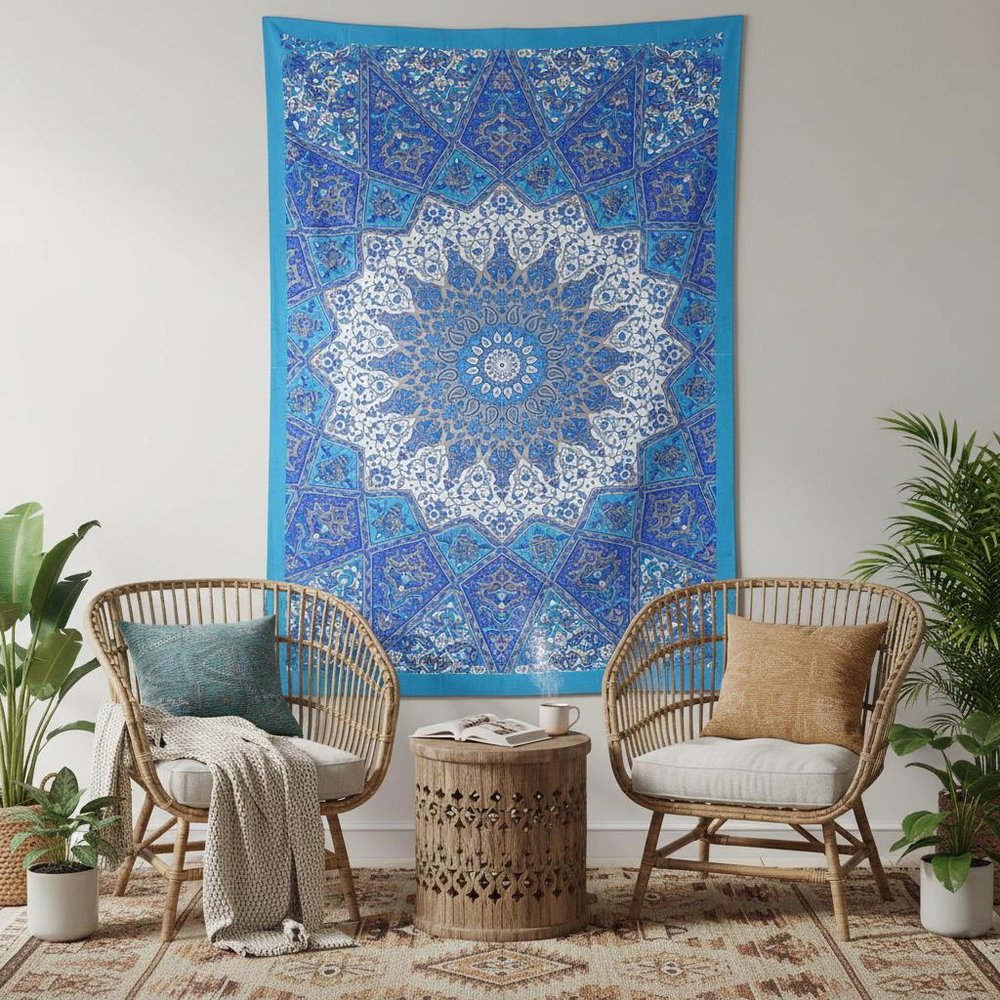 80" X 56" Royal Blue Mandala Cotton Hanging Tapestry — view 5