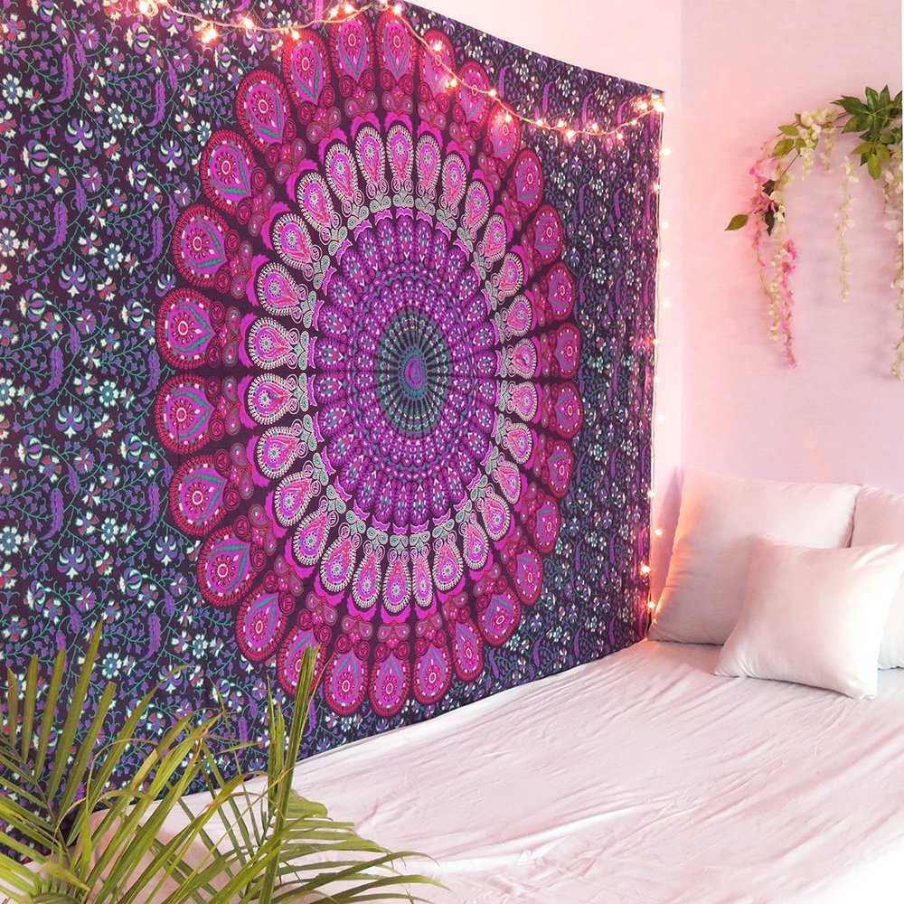 80" X 56" Purple Pink And White Mandala Cotton Hanging Tapestry — view 4