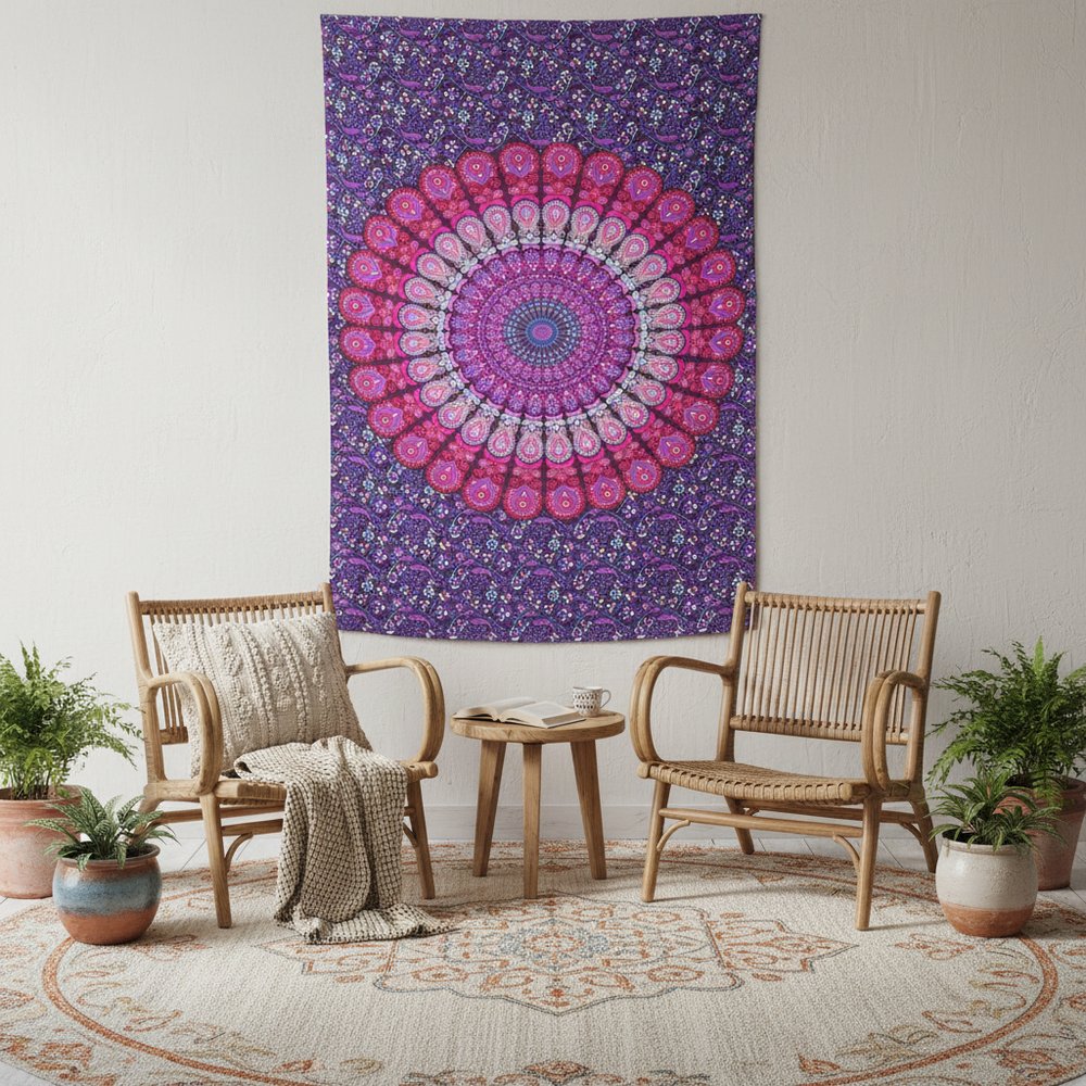 80" X 56" Purple Pink And White Mandala Cotton Hanging Tapestry — view 1