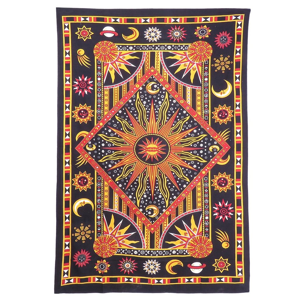 80" X 56" Black Red And Yellow Cotton Star and Sunburst Hanging Tapestry — view 1
