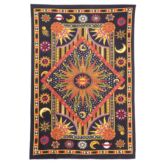 80" X 56" Black Red And Yellow Cotton Star and Sunburst Hanging Tapestry