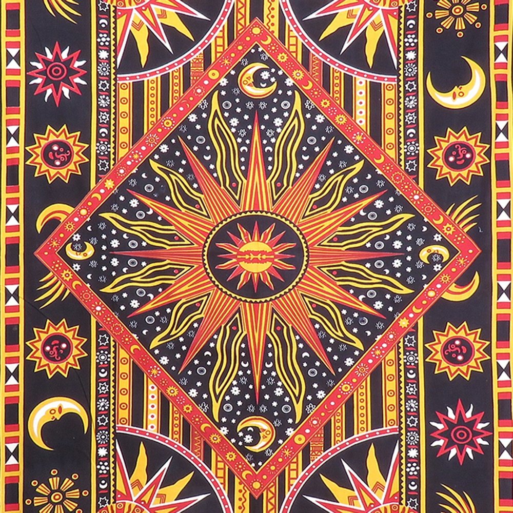 80" X 56" Black Red And Yellow Cotton Star and Sunburst Hanging Tapestry — view 2