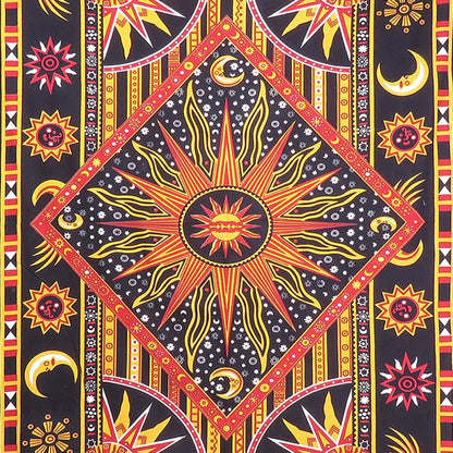 80" X 56" Black Red And Yellow Cotton Star and Sunburst Hanging Tapestry