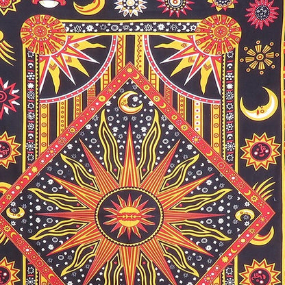 80" X 56" Black Red And Yellow Cotton Star and Sunburst Hanging Tapestry