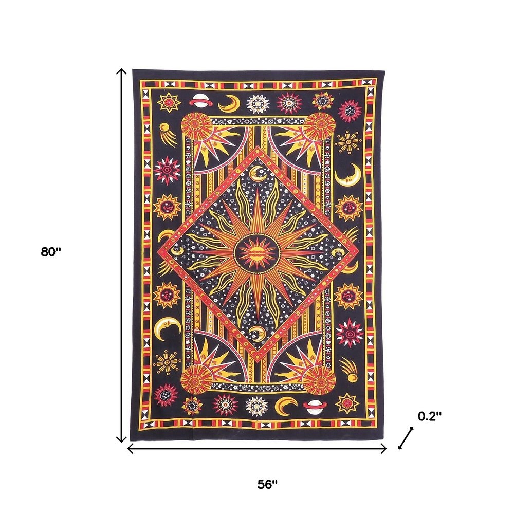 80" X 56" Black Red And Yellow Cotton Star and Sunburst Hanging Tapestry — view 4