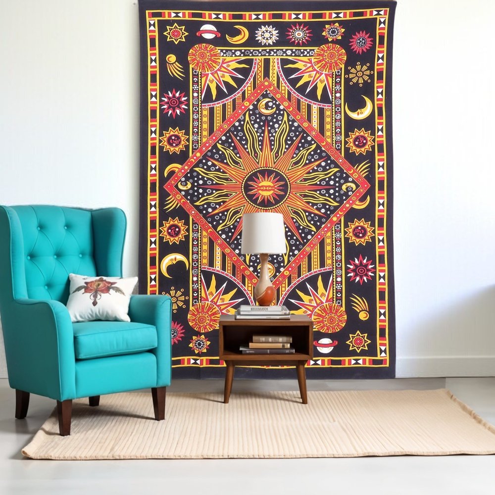 80" X 56" Black Red And Yellow Cotton Star and Sunburst Hanging Tapestry — view 5