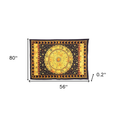 80" X 56" Black Red And Yellow Cotton Hanging Tapestry