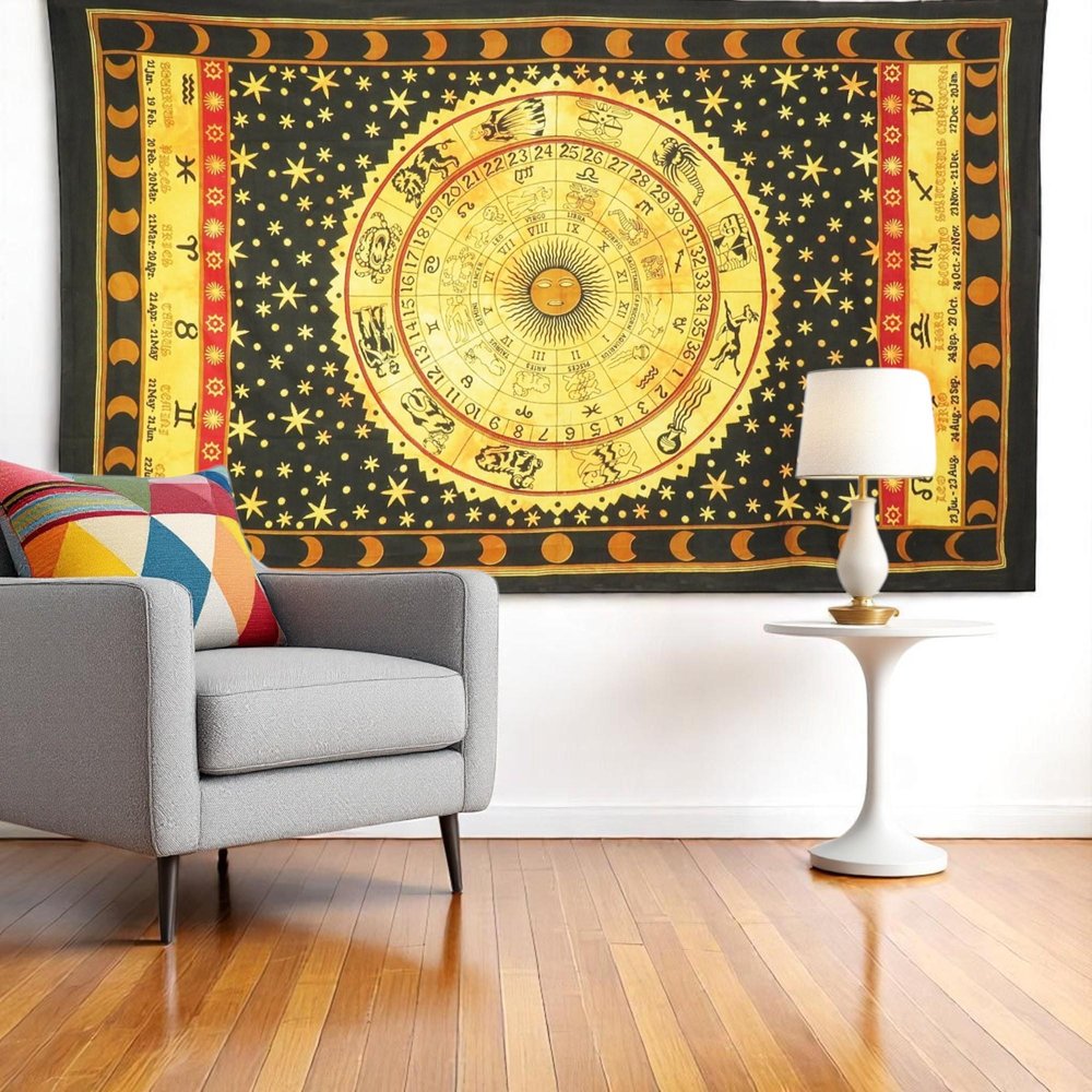 80" X 56" Black Red And Yellow Cotton Hanging Tapestry