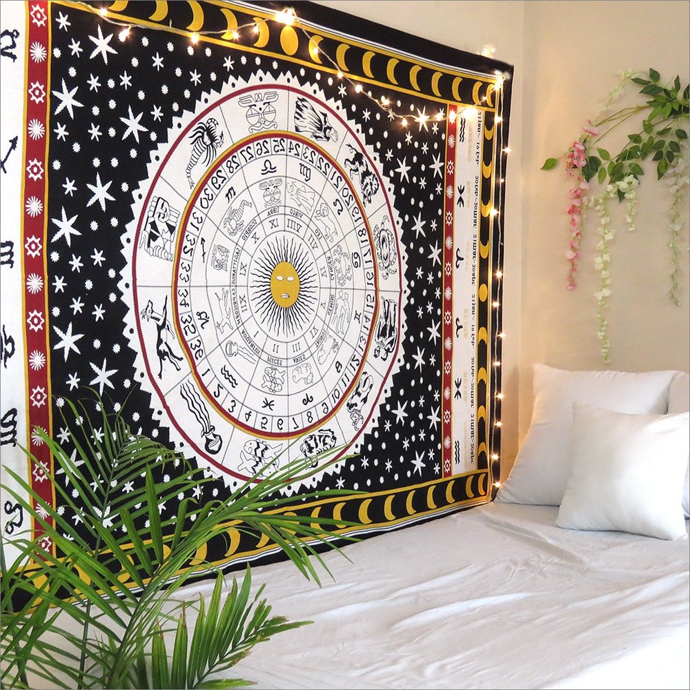 80" X 56" Black White And Yellow Cotton Hanging Tapestry — view 4