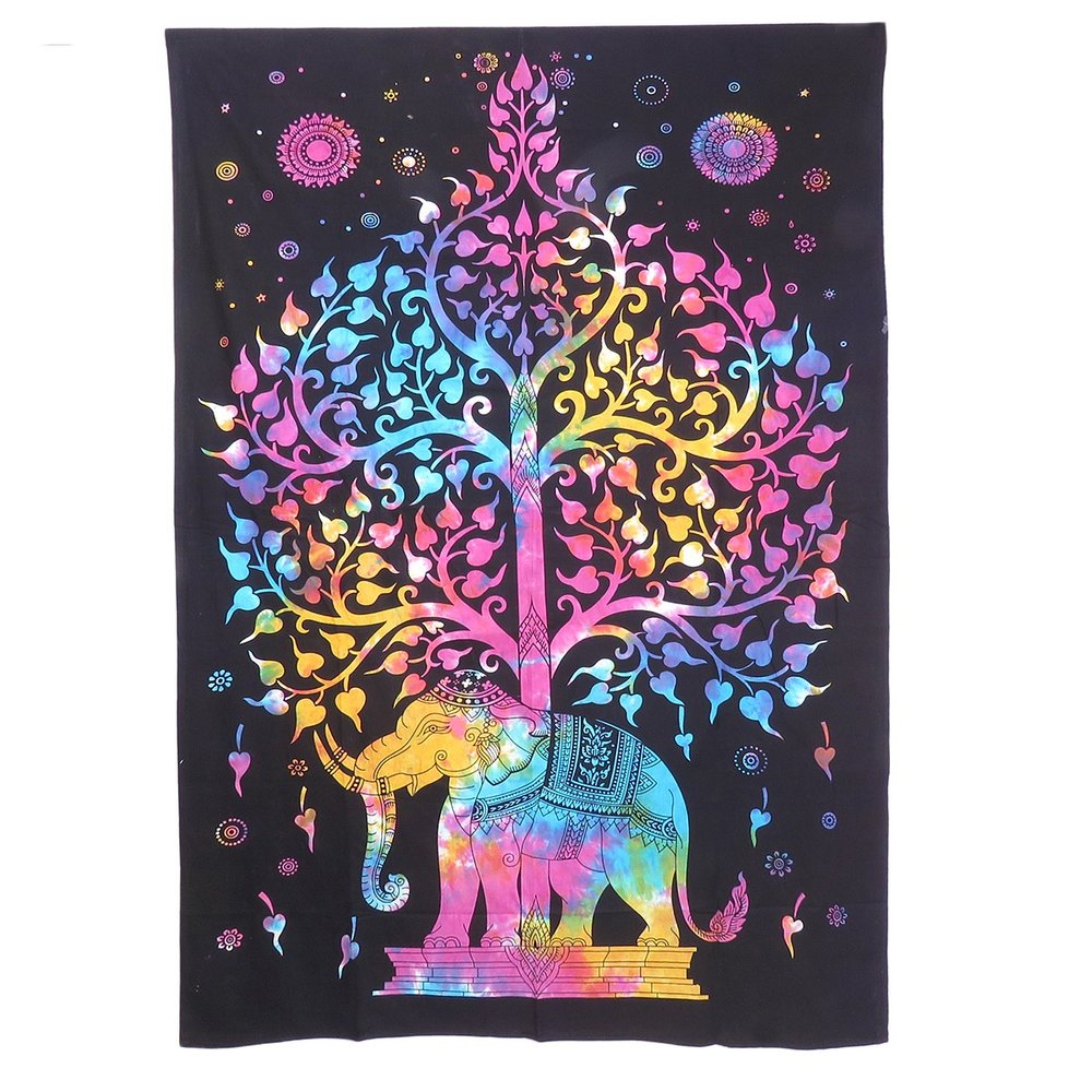 80" X 56" Black Pink And Yellow Elephant Mandala Cotton Hanging Tapestry — view 1